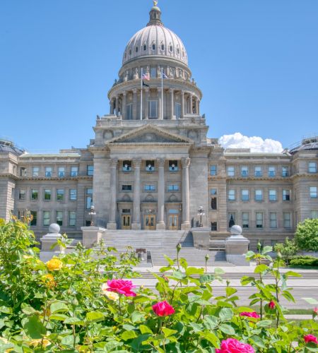 Imposing stone capitol building with a dome, surrounded by greenery and vibrant pink flowers under a clear blue sky near LOCAL Boise apartments.